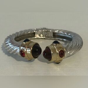 Ciner Vintage Two-Tone Silver and Gold Cuff Bracelet with Red and Blue Cabochons